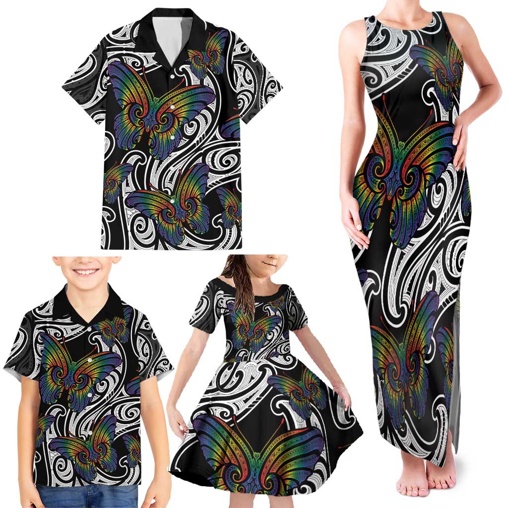Aotearoa Takatapui Pride Family Matching Tank Maxi Dress and Hawaiian Shirt Rainbow Butterfly - Free To Love LT7 - Polynesian Pride