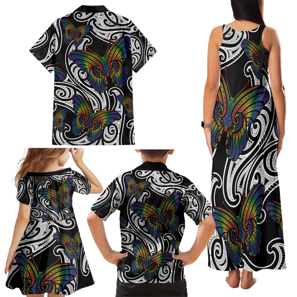 Aotearoa Takatapui Pride Family Matching Tank Maxi Dress and Hawaiian Shirt Rainbow Butterfly - Free To Love LT7 - Polynesian Pride