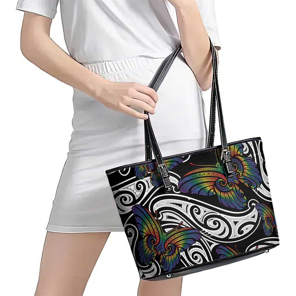 Aotearoa Takatapui Pride Leather Tote Bag Rainbow Butterfly - Free To Love