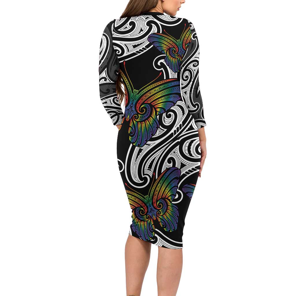 Aotearoa Takatapui Pride Long Sleeve Bodycon Dress Rainbow Butterfly - Free To Love