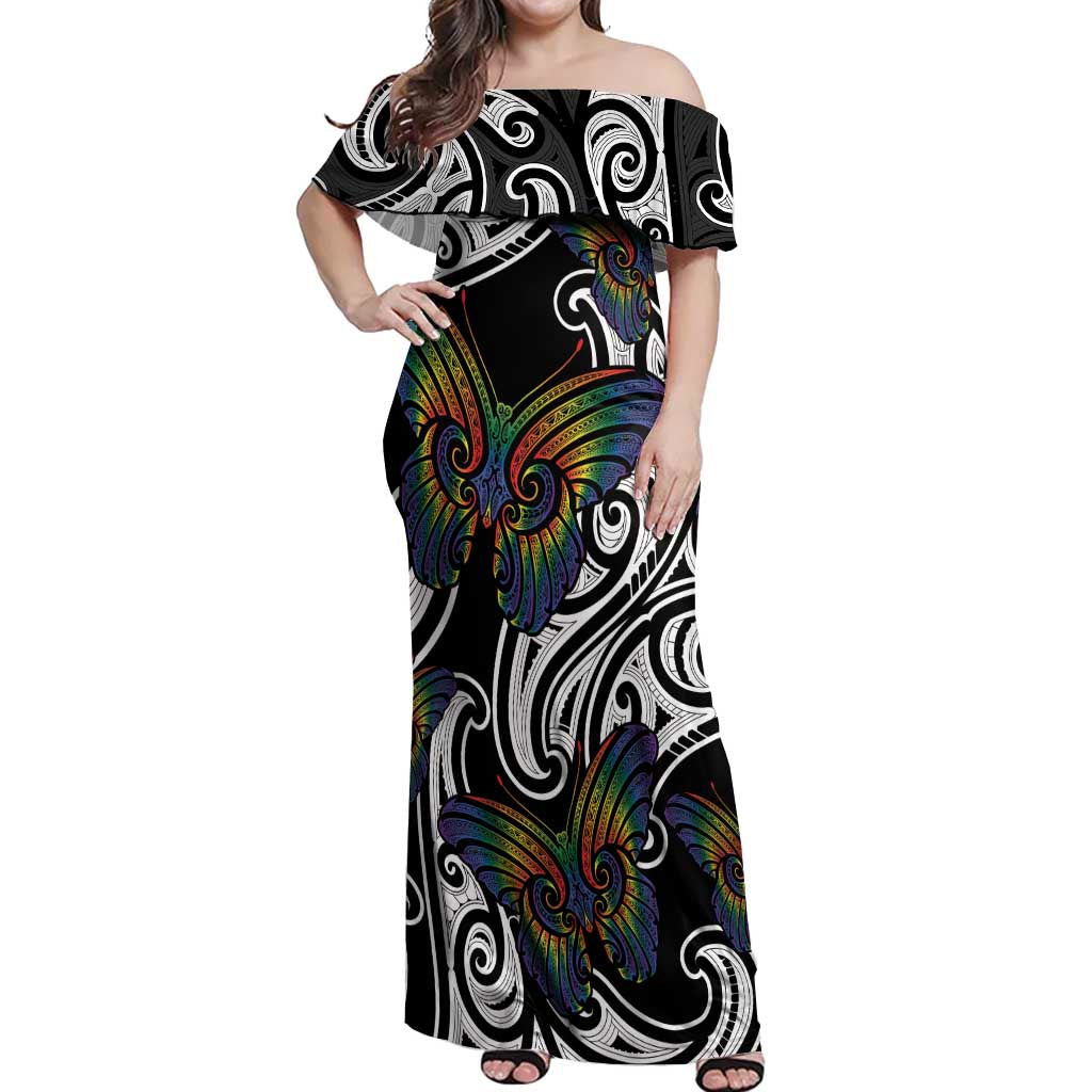 Aotearoa Takatapui Pride Off Shoulder Maxi Dress Rainbow Butterfly - Free To Love