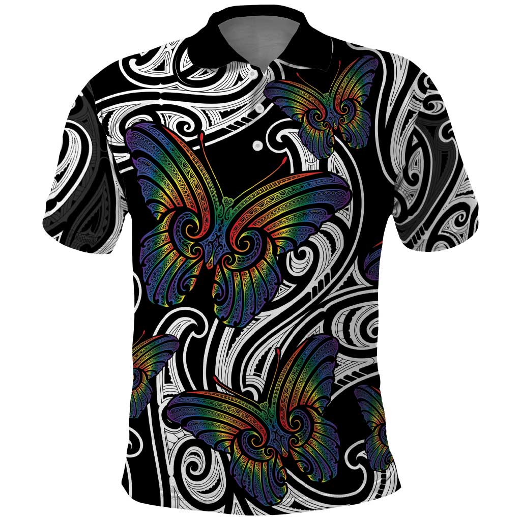 Aotearoa Takatapui Pride Polo Shirt Rainbow Butterfly - Free To Love