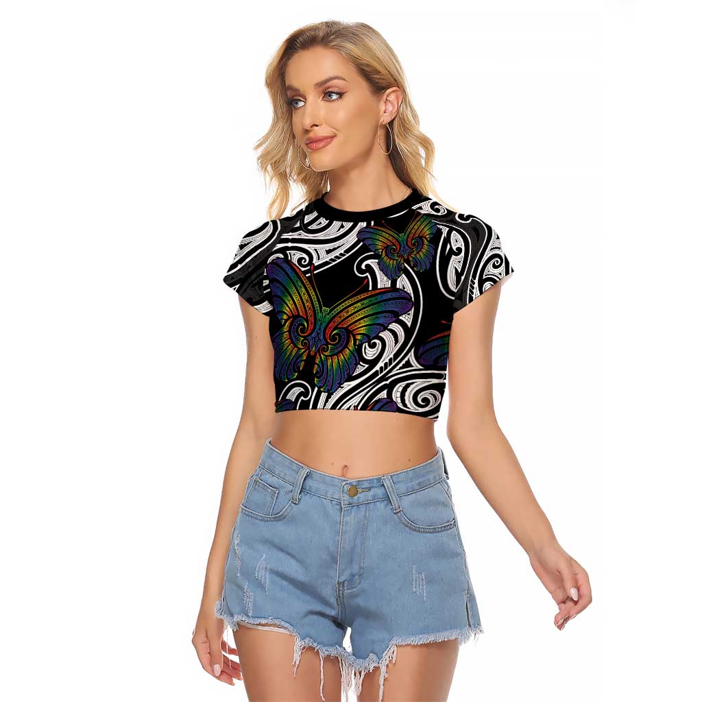 Aotearoa Takatapui Pride Raglan Cropped T Shirt Rainbow Butterfly - Free To Love LT7 Female Black - Polynesian Pride