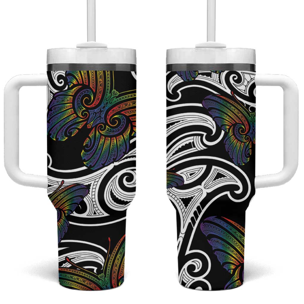 Aotearoa Takatapui Pride Tumbler With Handle Rainbow Butterfly - Free To Love LT7 One Size: 40 oz Black - Polynesian Pride