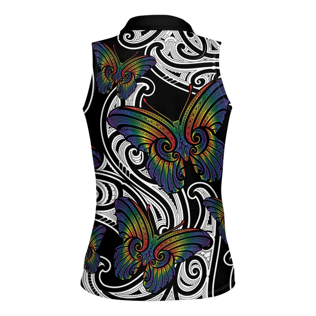 Aotearoa Takatapui Pride Women Sleeveless Polo Shirt Rainbow Butterfly - Free To Love LT7 - Polynesian Pride