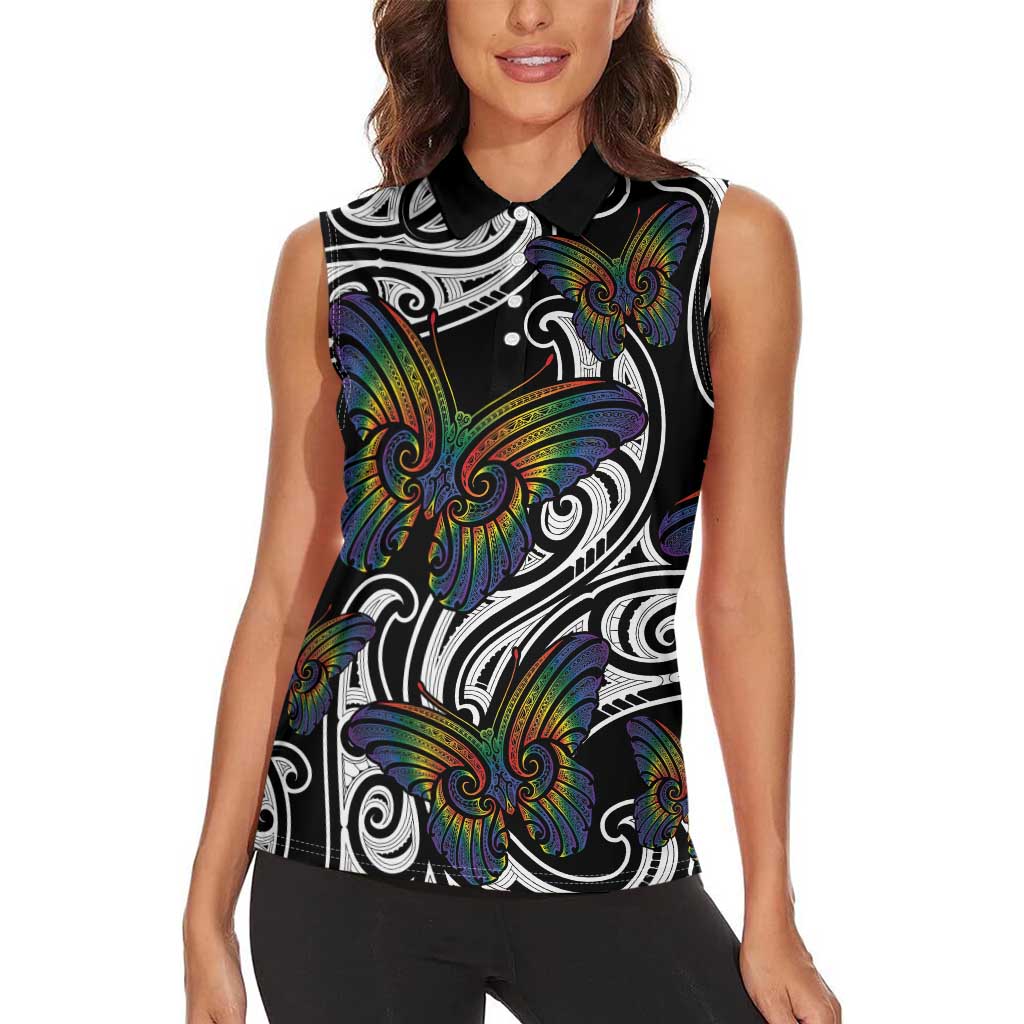 Aotearoa Takatapui Pride Women Sleeveless Polo Shirt Rainbow Butterfly - Free To Love LT7 - Polynesian Pride