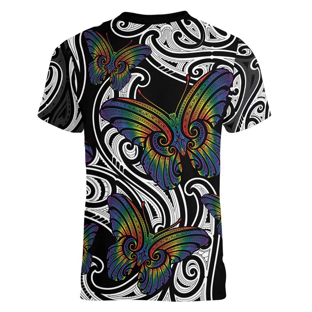 Aotearoa Takatapui Pride Women V-Neck T-Shirt Rainbow Butterfly - Free To Love LT7 - Polynesian Pride