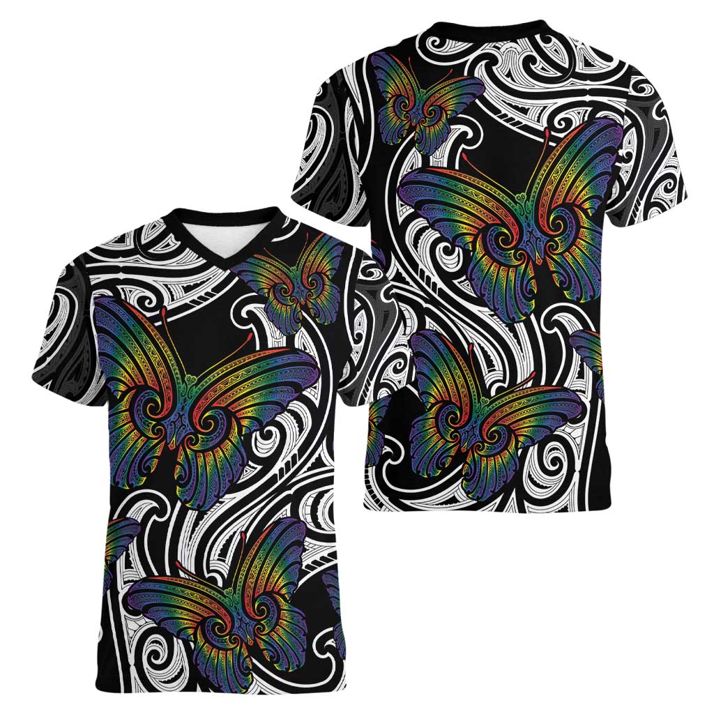 Aotearoa Takatapui Pride Women V-Neck T-Shirt Rainbow Butterfly - Free To Love LT7 - Polynesian Pride