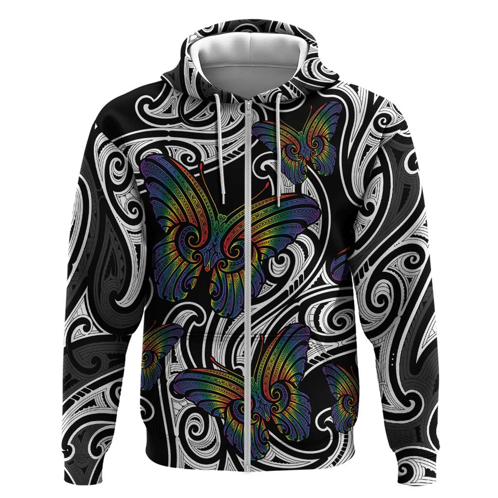 Aotearoa Takatapui Pride Zip Hoodie Rainbow Butterfly - Free To Love