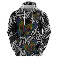 Aotearoa Takatapui Pride Zip Hoodie Rainbow Butterfly - Free To Love