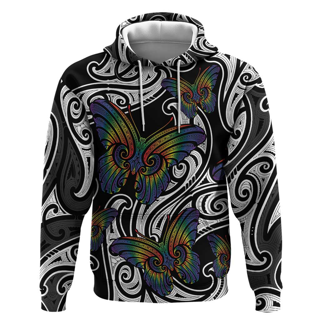 Aotearoa Takatapui Pride Zip Hoodie Rainbow Butterfly - Free To Love