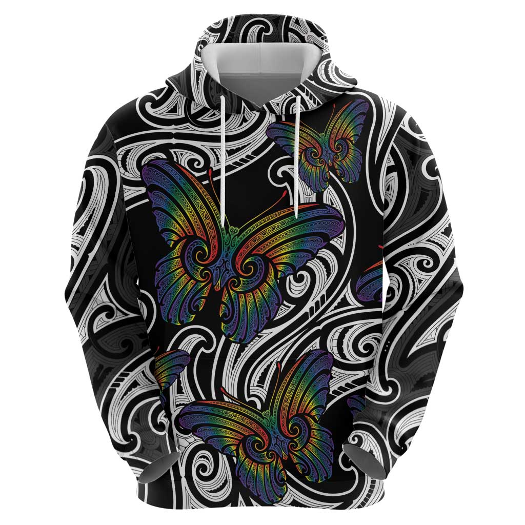 Aotearoa Takatapui Pride Zip Hoodie Rainbow Butterfly - Free To Love