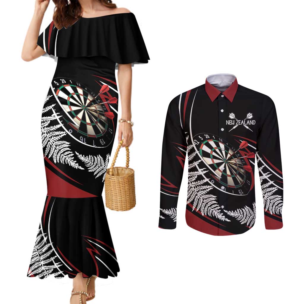 New Zealand Darts Personalised Couples Matching Mermaid Dress and Long Sleeve Button Shirt Silver Fern Dynamic LT7 Red - Polynesian Pride