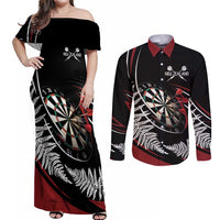 New Zealand Darts Personalised Couples Matching Off Shoulder Maxi Dress and Long Sleeve Button Shirt Silver Fern Dynamic LT7 Red - Polynesian Pride