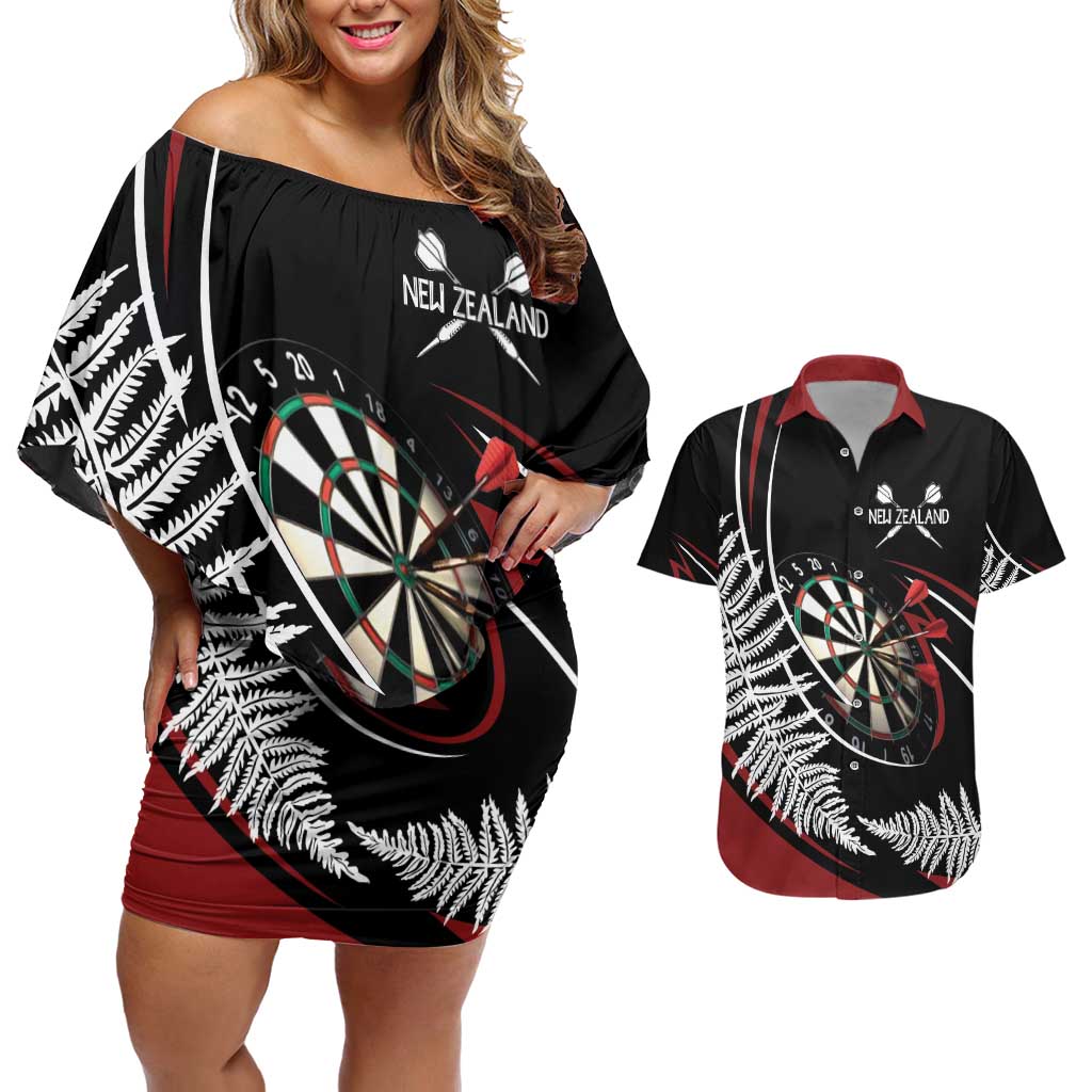 New Zealand Darts Personalised Couples Matching Off Shoulder Short Dress and Hawaiian Shirt Silver Fern Dynamic
