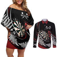 New Zealand Darts Personalised Couples Matching Off Shoulder Short Dress and Long Sleeve Button Shirt Silver Fern Dynamic LT7 Red - Polynesian Pride