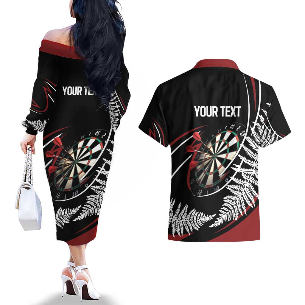 New Zealand Darts Personalised Couples Matching Off The Shoulder Long Sleeve Dress and Hawaiian Shirt Silver Fern Dynamic