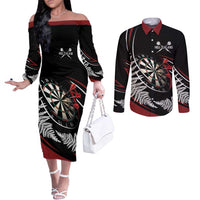 New Zealand Darts Personalised Couples Matching Off The Shoulder Long Sleeve Dress and Long Sleeve Button Shirt Silver Fern Dynamic LT7 Red - Polynesian Pride