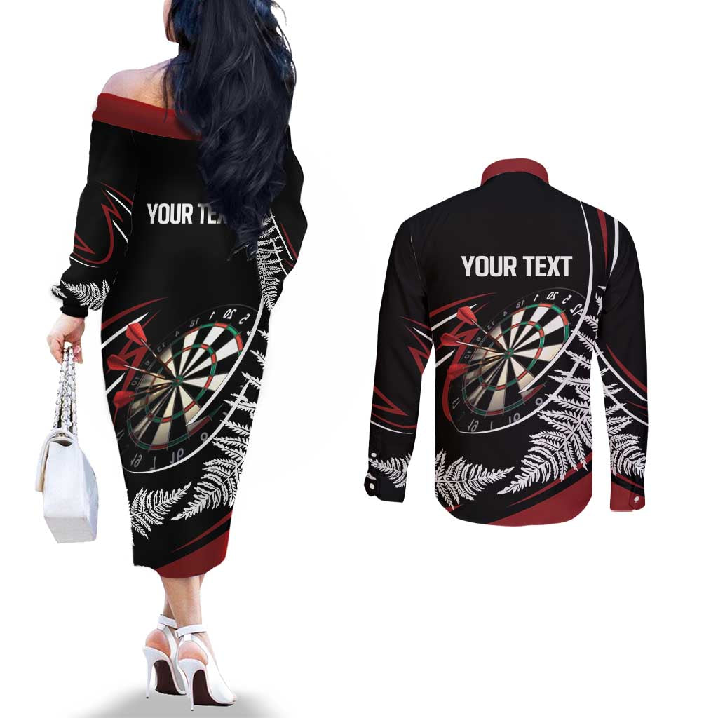 New Zealand Darts Personalised Couples Matching Off The Shoulder Long Sleeve Dress and Long Sleeve Button Shirt Silver Fern Dynamic LT7 - Polynesian Pride