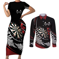 New Zealand Darts Personalised Couples Matching Short Sleeve Bodycon Dress and Long Sleeve Button Shirt Silver Fern Dynamic LT7 Red - Polynesian Pride