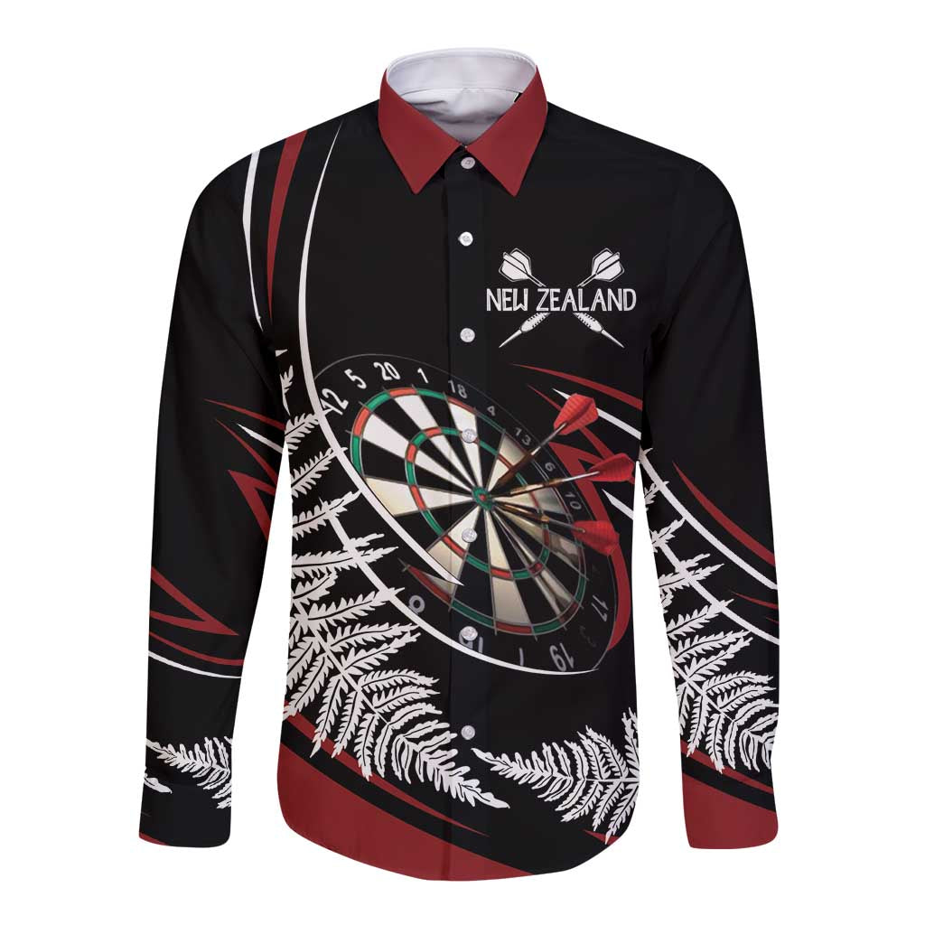 New Zealand Darts Personalised Long Sleeve Button Shirt Silver Fern Dynamic LT7 Unisex Red - Polynesian Pride