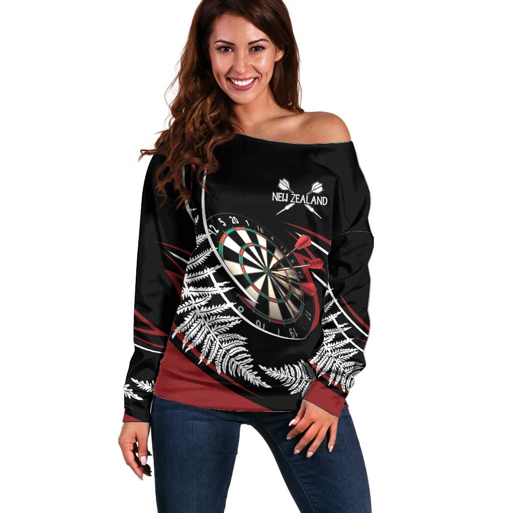 New Zealand Darts Personalised Off Shoulder Sweater Silver Fern Dynamic LT7 Women Red - Polynesian Pride