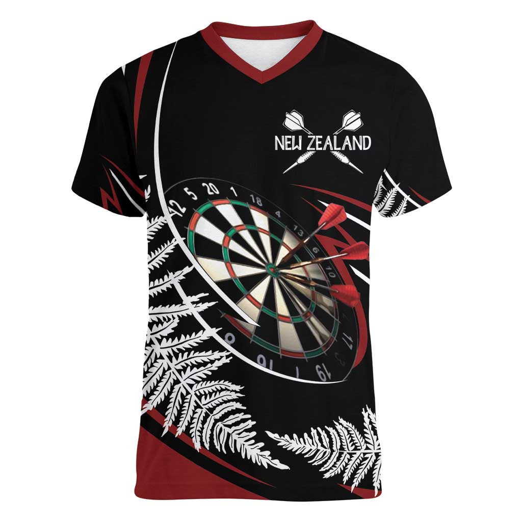 New Zealand Darts Personalised Women V-Neck T-Shirt Silver Fern Dynamic LT7 Female Red - Polynesian Pride
