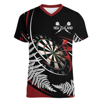 New Zealand Darts Personalised Women V-Neck T-Shirt Silver Fern Dynamic LT7 Female Red - Polynesian Pride