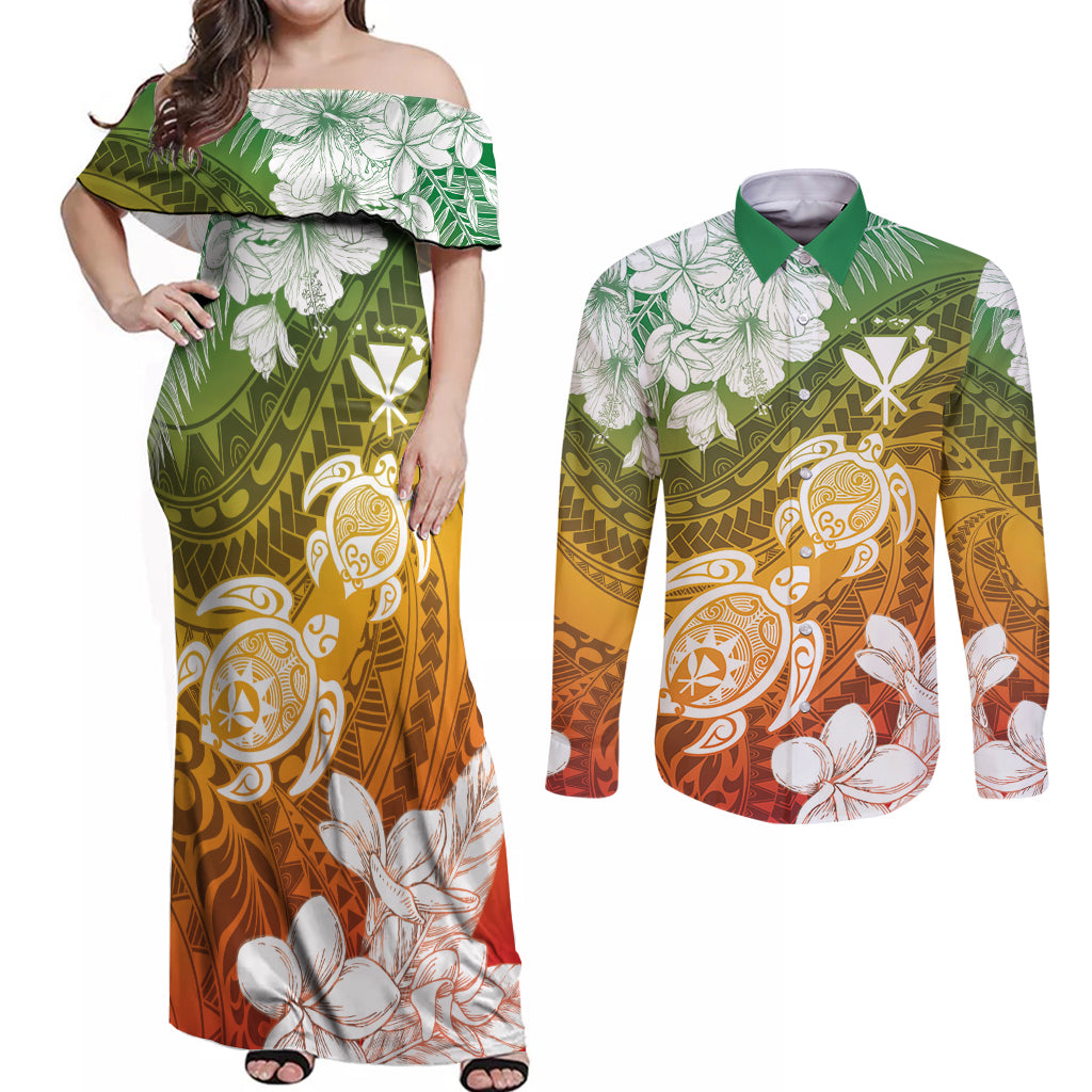 Kanaka Maoli Hawaii Flag Day Couples Matching Off Shoulder Maxi Dress and Long Sleeve Button Shirt Vibrant Frangipani LT7 Colorful - Polynesian Pride