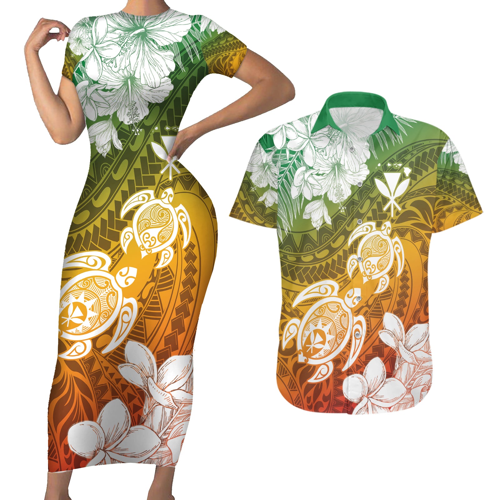 Kanaka Maoli Hawaii Flag Day Couples Matching Short Sleeve Bodycon Dress and Hawaiian Shirt Vibrant Frangipani