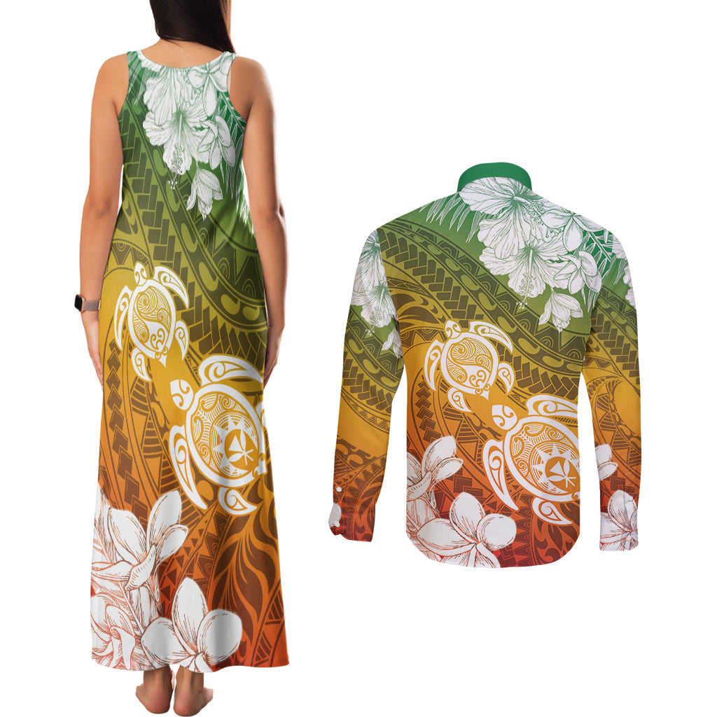 Kanaka Maoli Hawaii Flag Day Couples Matching Tank Maxi Dress and Long Sleeve Button Shirt Vibrant Frangipani LT7 - Polynesian Pride