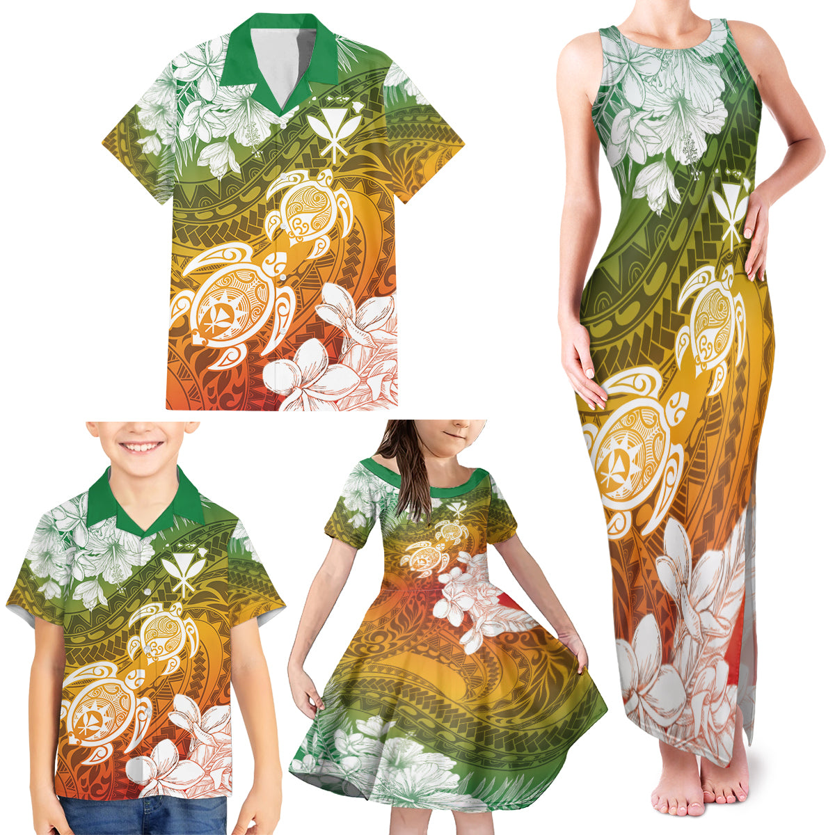 Kanaka Maoli Hawaii Flag Day Family Matching Tank Maxi Dress and Hawaiian Shirt Vibrant Frangipani