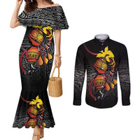 Personalized Papua New Guinea Milne Bay Couples Matching Mermaid Dress and Long Sleeve Button Shirt Bagi Necklace Mix Lime Pot Grunge LT7 Black - Polynesian Pride