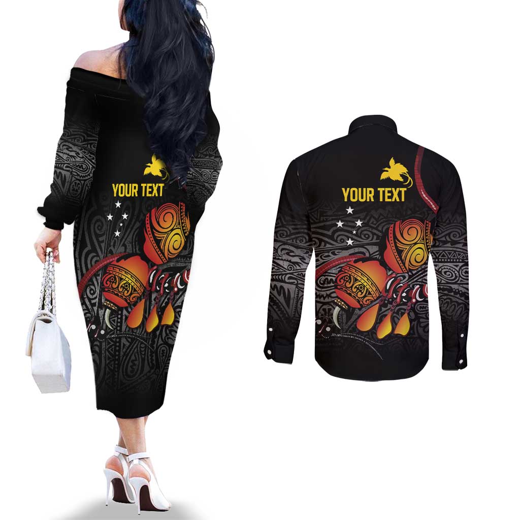 Personalized Papua New Guinea Milne Bay Couples Matching Off The Shoulder Long Sleeve Dress and Long Sleeve Button Shirt Bagi Necklace Mix Lime Pot Grunge