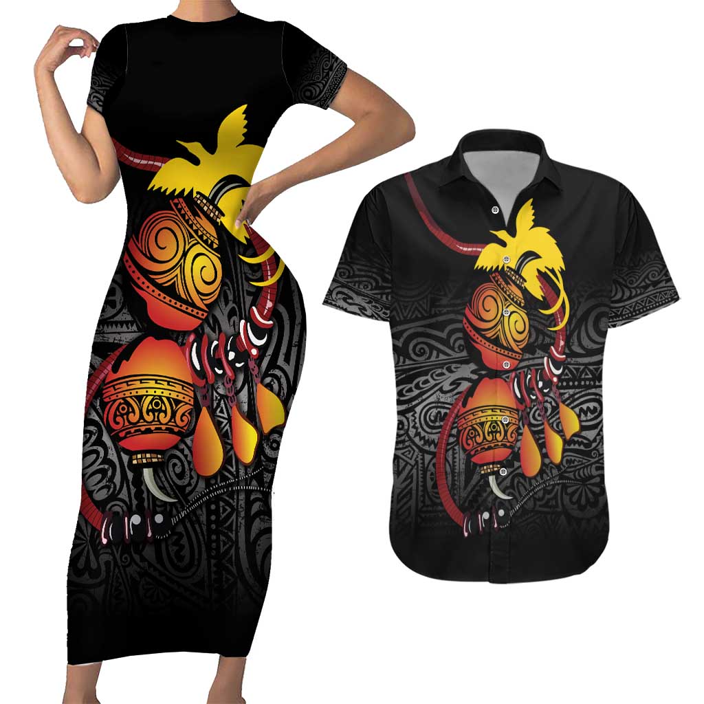 Personalized Papua New Guinea Milne Bay Couples Matching Short Sleeve Bodycon Dress and Hawaiian Shirt Bagi Necklace Mix Lime Pot Grunge