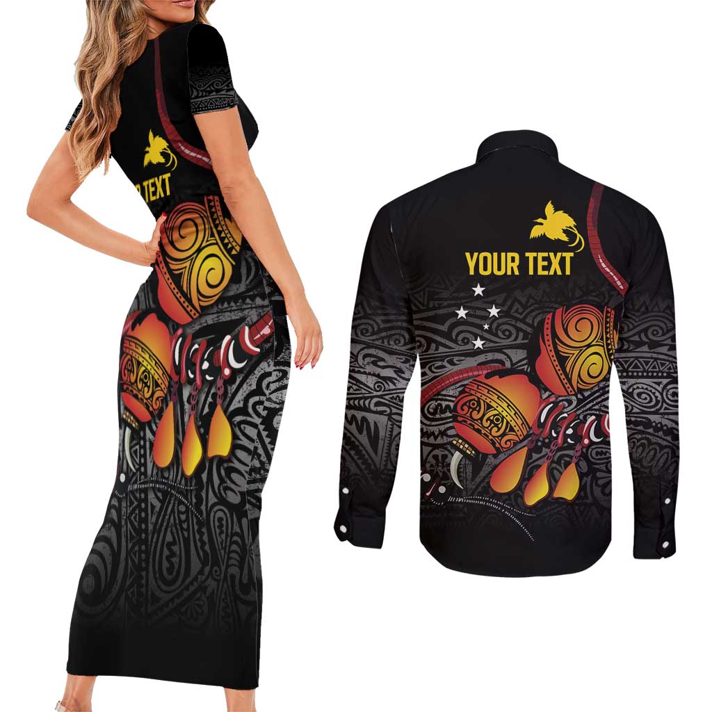 Personalized Papua New Guinea Milne Bay Couples Matching Short Sleeve Bodycon Dress and Long Sleeve Button Shirt Bagi Necklace Mix Lime Pot Grunge