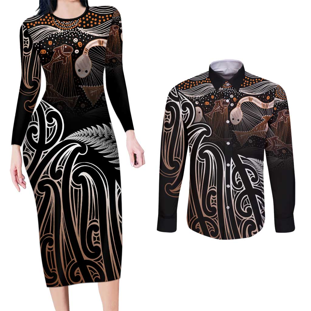 Aotearoa Maori - Australia Indigenous Couples Matching Long Sleeve Bodycon Dress and Long Sleeve Button Shirt Koiri Whakairo Mix Aboriginal Art LT7 Brown - Polynesian Pride