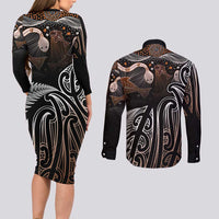 Aotearoa Maori - Australia Indigenous Couples Matching Long Sleeve Bodycon Dress and Long Sleeve Button Shirt Koiri Whakairo Mix Aboriginal Art LT7 - Polynesian Pride