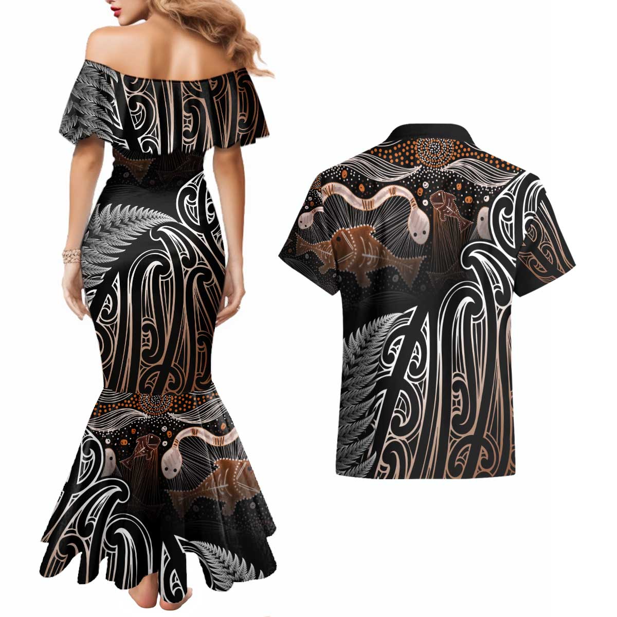 Aotearoa Maori - Australia Indigenous Couples Matching Mermaid Dress and Hawaiian Shirt Koiri Whakairo Mix Aboriginal Art LT7 - Polynesian Pride