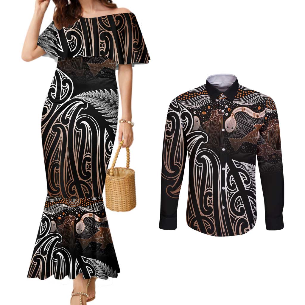 Aotearoa Maori - Australia Indigenous Couples Matching Mermaid Dress and Long Sleeve Button Shirt Koiri Whakairo Mix Aboriginal Art LT7 Brown - Polynesian Pride