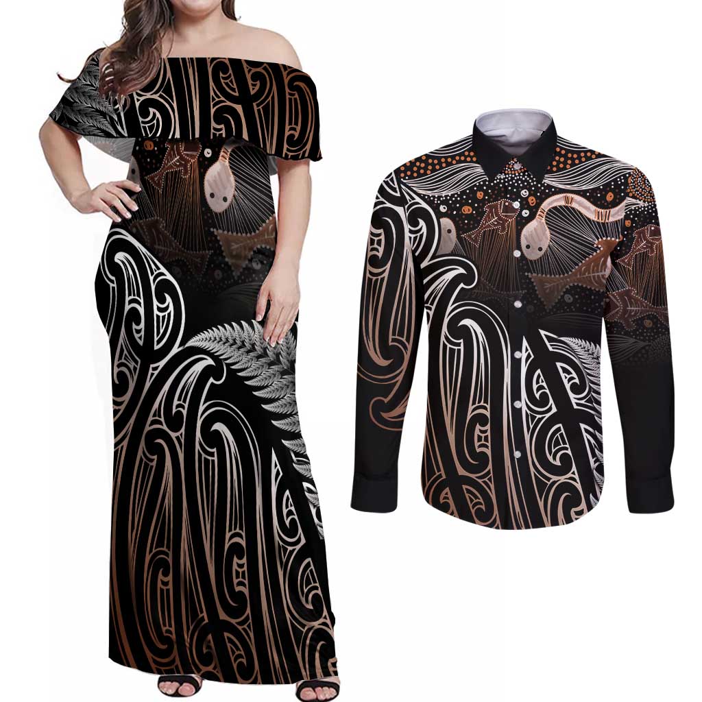 Aotearoa Maori - Australia Indigenous Couples Matching Off Shoulder Maxi Dress and Long Sleeve Button Shirt Koiri Whakairo Mix Aboriginal Art LT7 Brown - Polynesian Pride