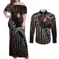 Aotearoa Maori - Australia Indigenous Couples Matching Off Shoulder Maxi Dress and Long Sleeve Button Shirt Koiri Whakairo Mix Aboriginal Art LT7 Brown - Polynesian Pride