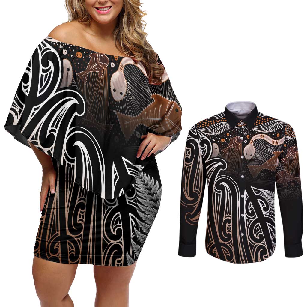 Aotearoa Maori - Australia Indigenous Couples Matching Off Shoulder Short Dress and Long Sleeve Button Shirt Koiri Whakairo Mix Aboriginal Art LT7 Brown - Polynesian Pride