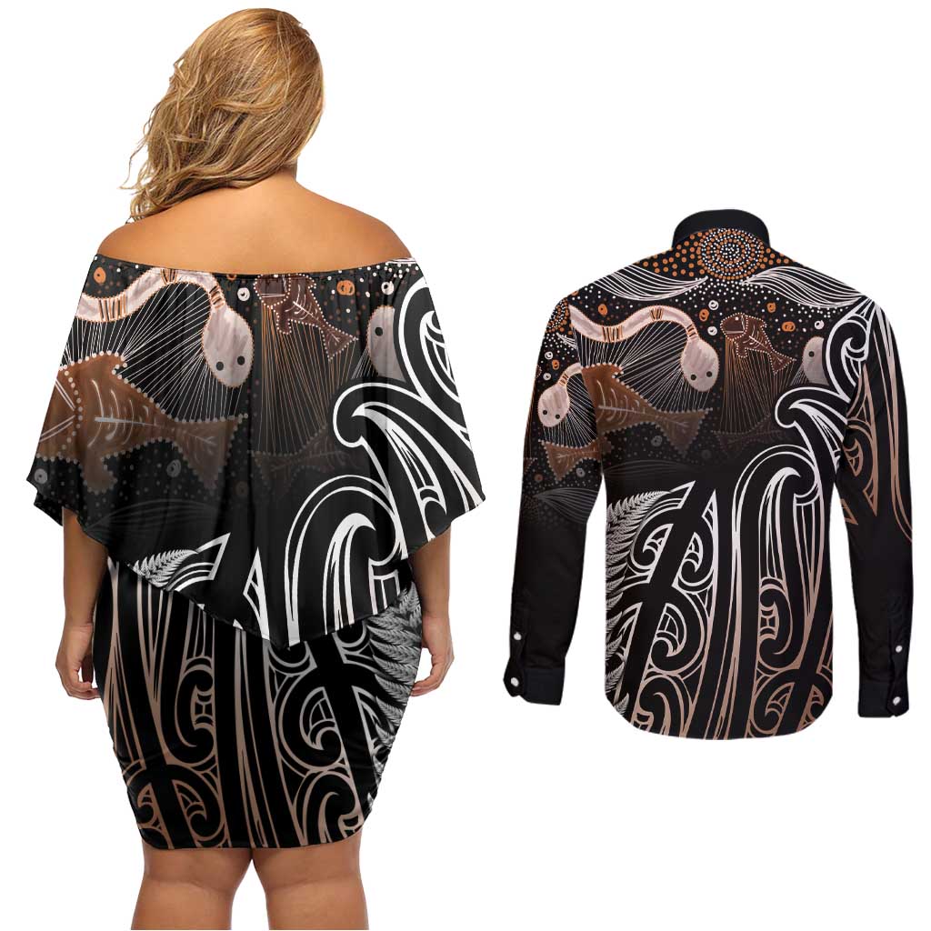 Aotearoa Maori - Australia Indigenous Couples Matching Off Shoulder Short Dress and Long Sleeve Button Shirt Koiri Whakairo Mix Aboriginal Art LT7 - Polynesian Pride