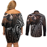 Aotearoa Maori - Australia Indigenous Couples Matching Off Shoulder Short Dress and Long Sleeve Button Shirt Koiri Whakairo Mix Aboriginal Art LT7 - Polynesian Pride