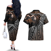 Aotearoa Maori - Australia Indigenous Couples Matching Off The Shoulder Long Sleeve Dress and Hawaiian Shirt Koiri Whakairo Mix Aboriginal Art - Polynesian Pride