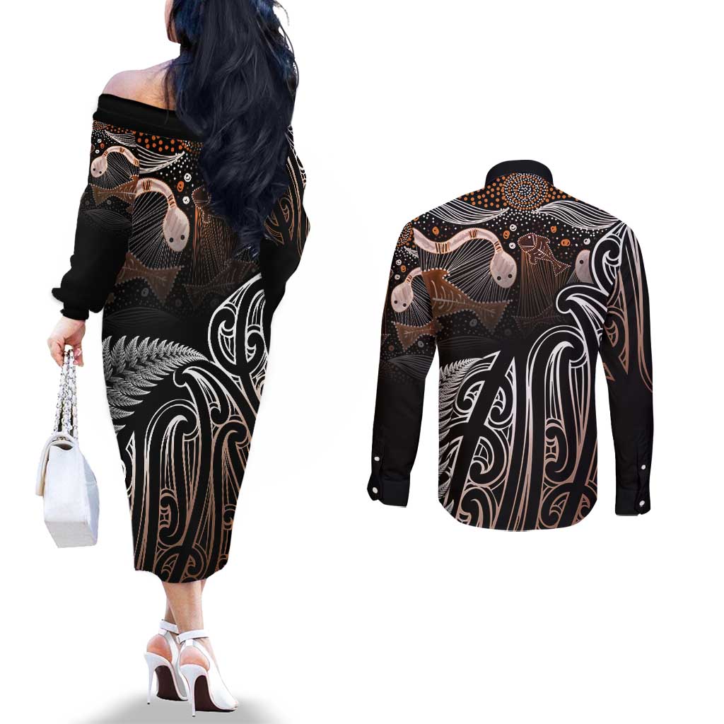 Aotearoa Maori - Australia Indigenous Couples Matching Off The Shoulder Long Sleeve Dress and Long Sleeve Button Shirt Koiri Whakairo Mix Aboriginal Art LT7 - Polynesian Pride