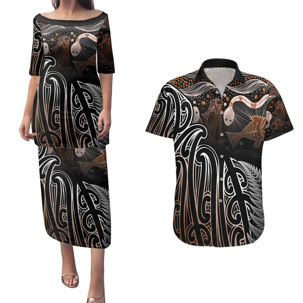 Aotearoa Maori - Australia Indigenous Couples Matching Puletasi and Hawaiian Shirt Koiri Whakairo Mix Aboriginal Art LT7 Brown - Polynesian Pride