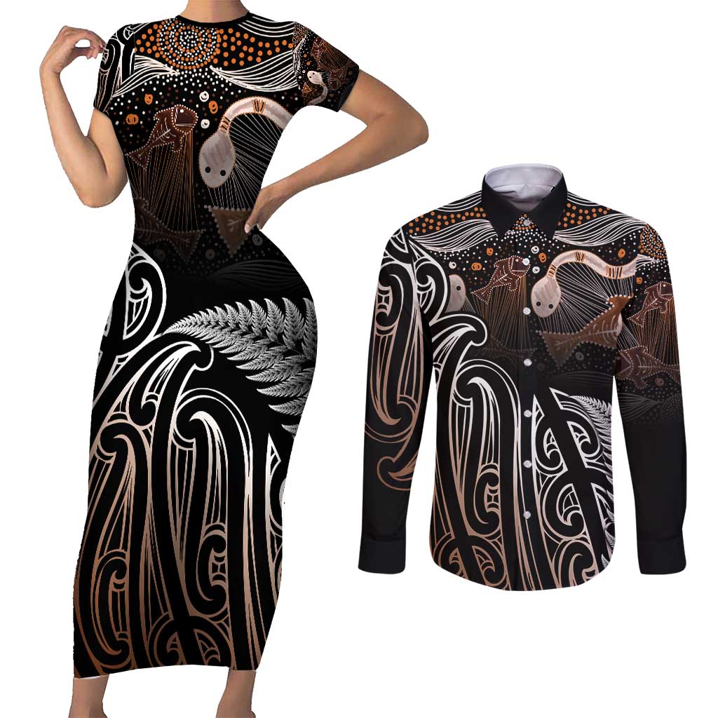 Aotearoa Maori - Australia Indigenous Couples Matching Short Sleeve Bodycon Dress and Long Sleeve Button Shirt Koiri Whakairo Mix Aboriginal Art LT7 Brown - Polynesian Pride