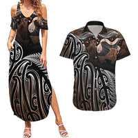 Aotearoa Maori - Australia Indigenous Couples Matching Summer Maxi Dress and Hawaiian Shirt Koiri Whakairo Mix Aboriginal Art LT7 Brown - Polynesian Pride